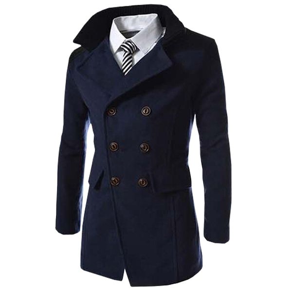 

sale autumn long wool coat men fashion turn-down collar wool blend double breasted pea coat jacket men overcoats, Black