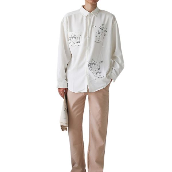 

2018 blouse shirt female cotton new summer face printing long shirts women ladies clothing, White