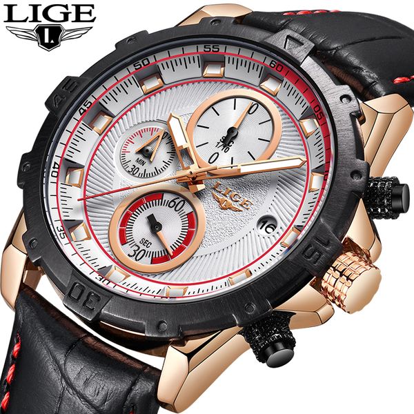 

lige brand men watches luxury fashion leather sports watch men calendar waterproof timing business watch relogio masculino, Slivery;brown