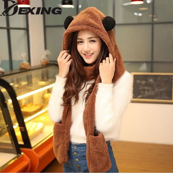 

dexing]womens panda hat fur hood scarf mens hat ear flaps hand pockets plush winter warm cap with long scarf mittens gloves, Blue;gray