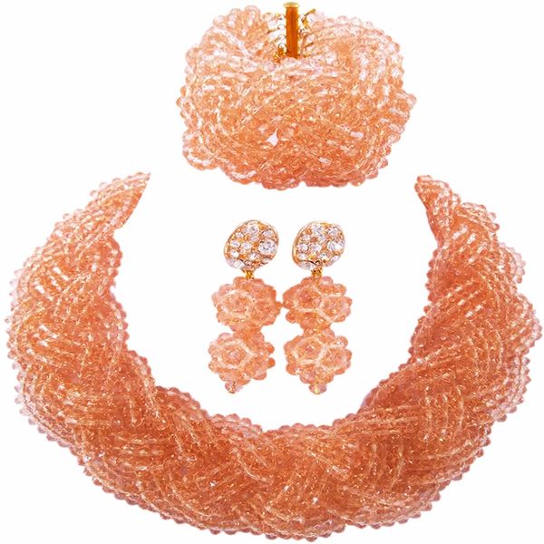 

beautiful peach crystal beaded necklaces costume nigerian wedding african beads jewelry set for women 12bz12, Slivery;golden