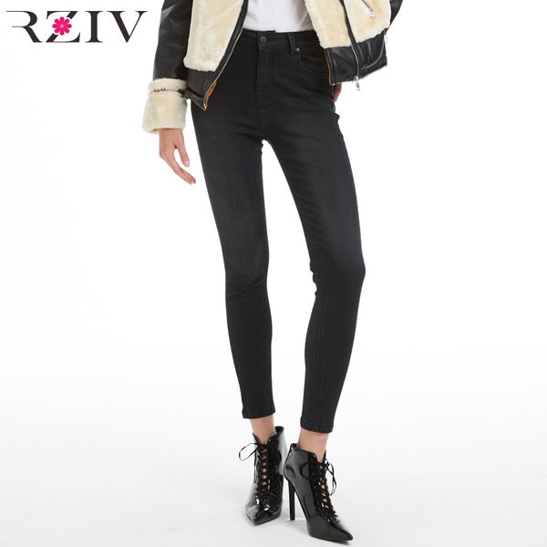 

rziv 2018 autumn women's jeans casual solid color high waist slim jeans, Blue