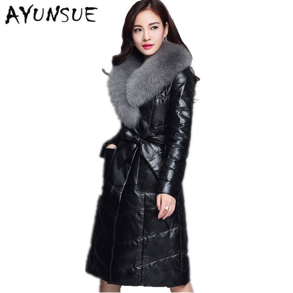 

2017 genuine leather jacket women european white duck down slim long fox fur collar sheepskin leather jackets plus size hj564, Black