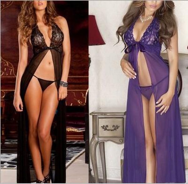 

new babydoll sleepwear women lace chiffon night dress with g-string v-neck backless lingerie nightgowns nightwear, Black;red