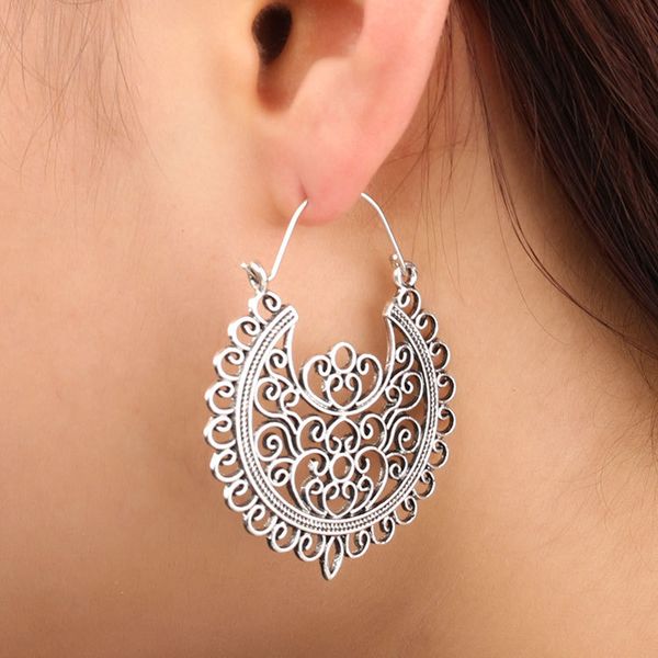 

bohemia vintage dangle earrings metal hollow out carved flower drop earrings for women fashion ethnic jewelry accessories, Silver