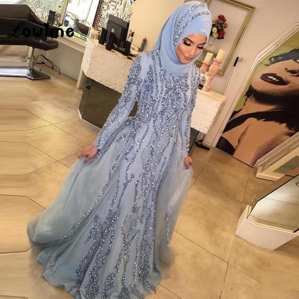 Acheter 2019 Nouveaux Musulmans Formelle Robes De Soirée Robe Hijab Dubaï Arabe Manches Longues Sequin Perlé Robes De Soirée Pour Femmes Kaftan Abiye