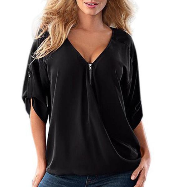

plus size 5xl summer womens and blouses chiffon tunic v neck zipper shirts office lady half sleeve women clothes, White