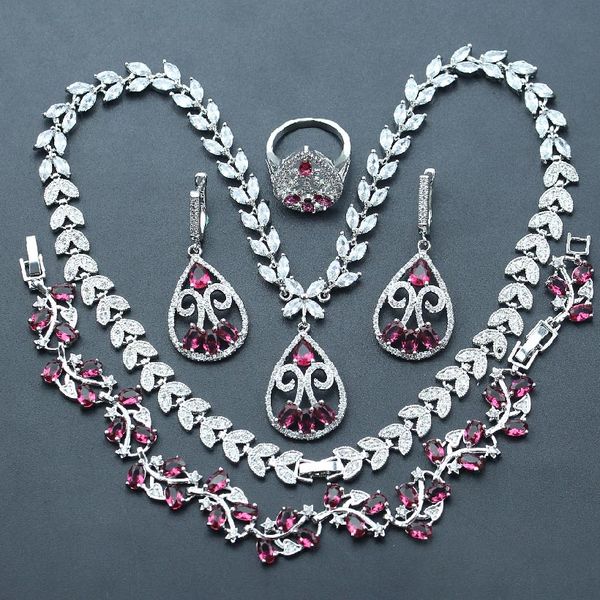 

natural silver color wedding jewelry red cubic zirconia jewelry sets for women earrings/pendant/necklace/rings/bracelet box