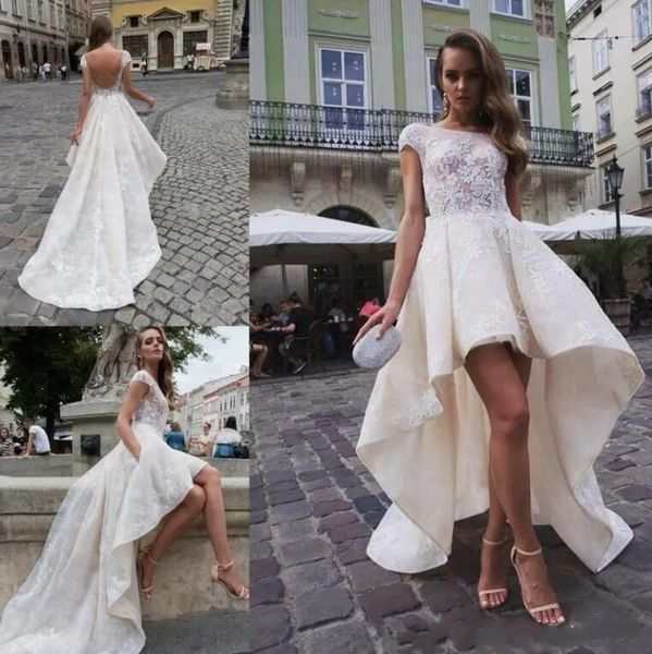 

2018 romantic capped sleeves high low wedding dresses full lace backless illusion bodices bridal gowns for beach garden weddings, White