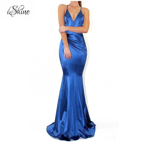 

women v-neck backless mermaid evening party long dress elegant vestido de festa prom gowns pleat satin strap maxi dresses, Black;gray