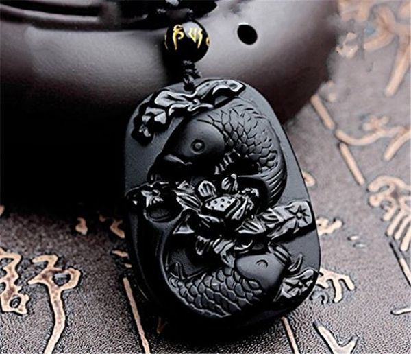 

5pcs/lot obsidian pendant 3d carved lotus flower fish carp women men's amulet lucky jades jewelry pendants with beads necklace, Black