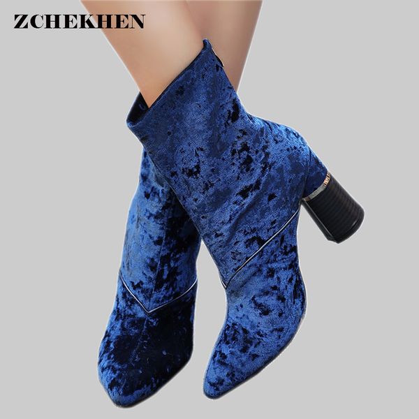 

2018 new women velvet sock boots pointed toe elastic chunky boots slip on high heel ankle women pumps stiletto botas, Black
