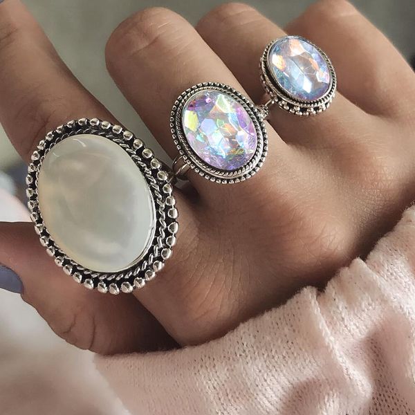 

meyfflin bague femme vintage big opal ring set fashion punk crystal finger rings for women boho jewelry fashion accessories, Golden;silver