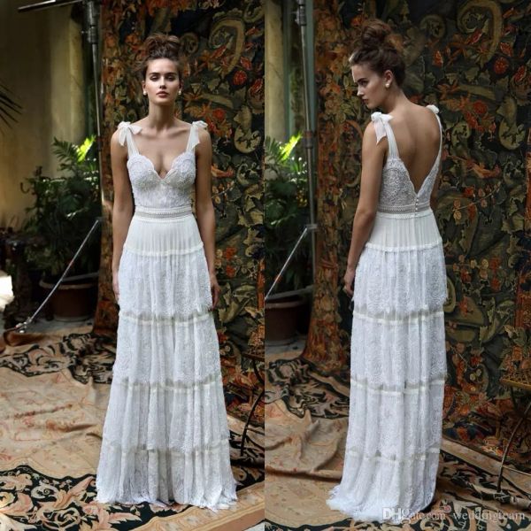 

lihi hod backless bohemian wedding dresses lace appliques a line beach tiered bridal gown floor length bead boho wedding dress, White