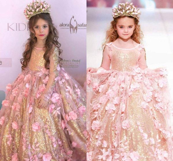 

2018 sequined ball gown girls pageant dresses long sleeves toddler flower girl dress floor length tulle 3d appliques first communion gowns, White;blue