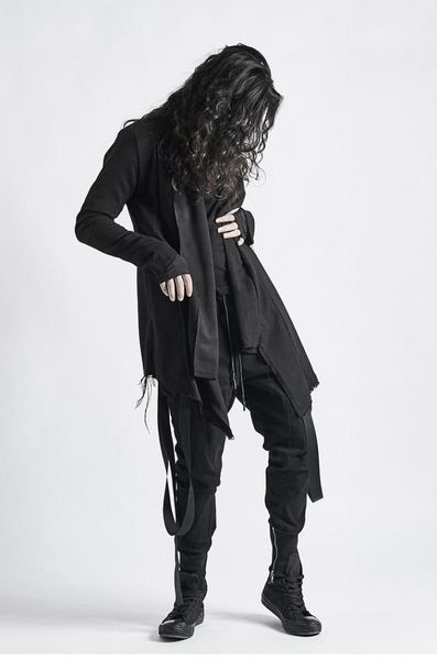 

raw edge design single layer thin coat slim tide male autumn personality gothic dark cloak robes, Tan;black