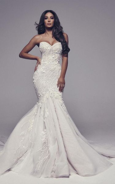 

2018 mermaid wedding dre e weetheart lace 3d floral applique weep train plu ize wedding gown leevele tulle boho bridal dre