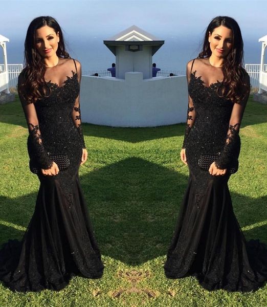 Preto de Noiva Plus Size sexy Árabe Illusion Lace apliques de cristal frisada Sereia mangas compridas Formal Evening vestidos HY380