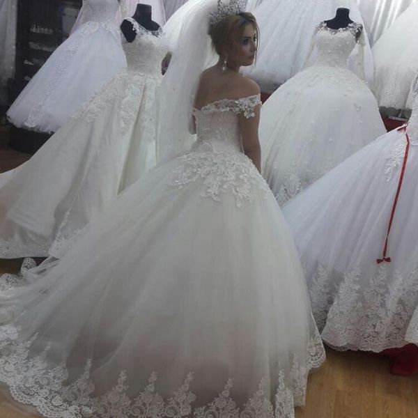 

wedding dresses vintage lace appliques ball gown wedding dress off the shoulder custom made puffy tulle bridal gowns, White