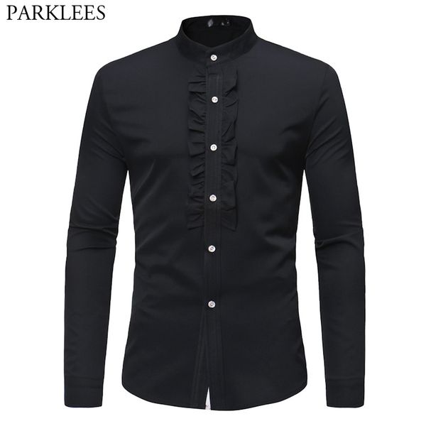 

mens hipster ruffle mandarin collar dress shirts slim fit long slevee tuxedo shirt men dinner wedding married groom shirt male, White;black