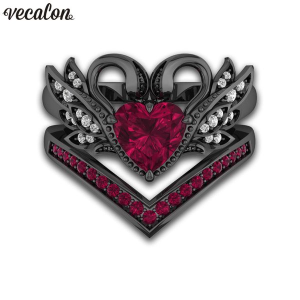 Vecalon Swan Forma Amantes Anel Ouro Preto Preenchido Red 5A Zircão CZ Anéis de Banda de Noivado Cz para Mulheres Dropshipping Jóias