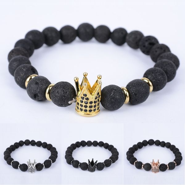

fashion casual jewelry for man natural volcanic stone crystal crown bracelets rose gold color lava beaded bracelet women jewelry g809s, Golden;silver