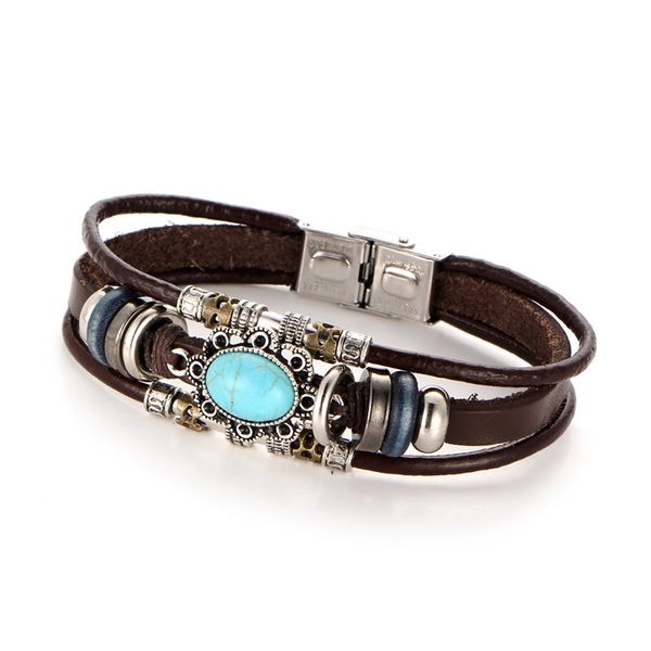 

ay vintage multilayer flower cyan stone brown leather bracelet jewelry aged tibet wristband bracelets for women men jewelry gift, Golden;silver