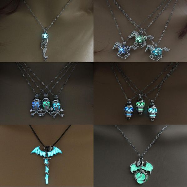 

smart running horse locket cage luminous glowing in the dark necklace mermaid head skull pendant necklace, Silver