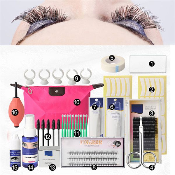 

16 pcs false eyelash extension tools set makeup tools kits professional individual eye lashes grafting kit set bag