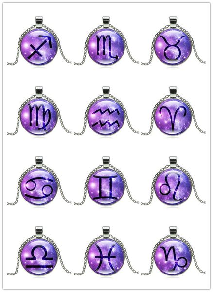 

20pcs new design twelve constellations glass cabochon pendant necklace women fashion jewelry silver chian for friend gift, Red;brown