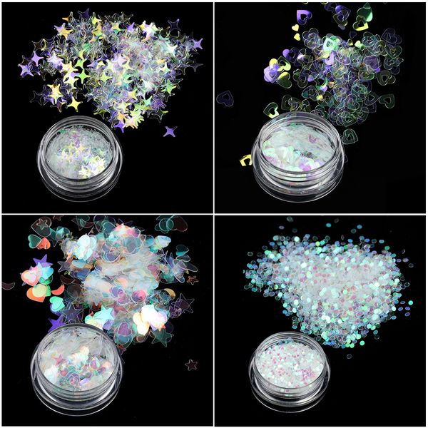 

1 box ab color chameleon star moon heart round nail sequins multi-shape nail art flakes paillette slice decors diy manicure, Silver;gold