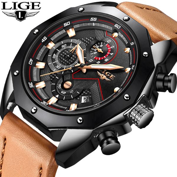 

relogio masculino new lige men watches fashion business waterproof sport watch men leather quartz watch male, Slivery;brown