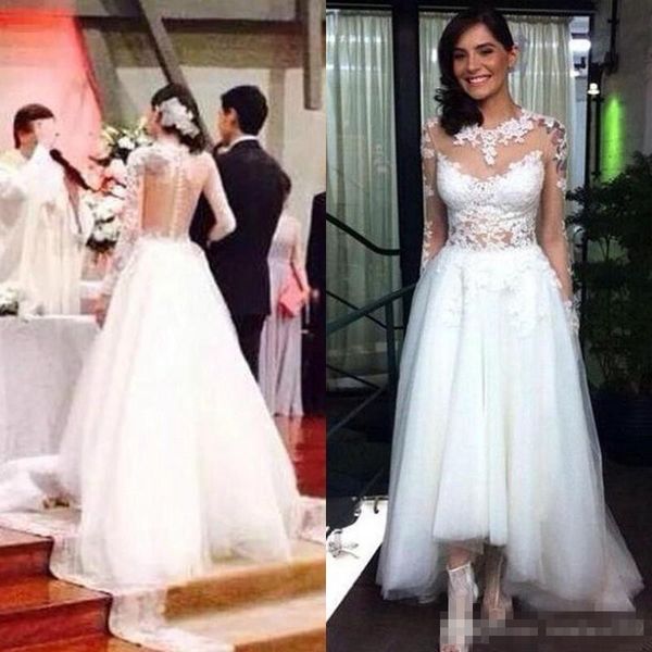 

high low a line wedding dresses with long sleeve 2018 modest lace floral sheer back garden church civil bridal reception gown, White