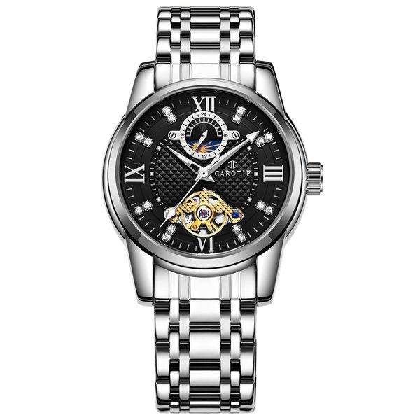 

carotif wengle new fully automatic waterproof tourbillon stainless steel roman numerals luxury gift dress mechanical watches, Slivery;brown