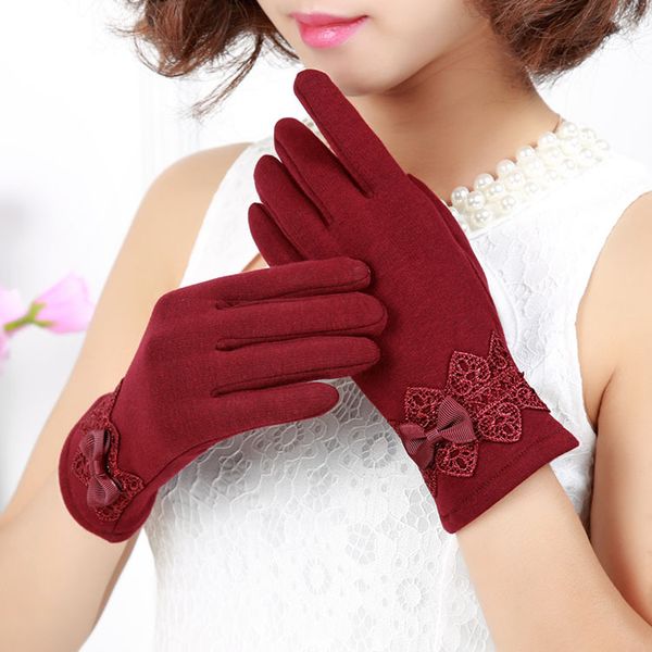 

warmer windproof gloves outdoor ladies lace velvet cashmere keep warm wind proof frosted five fingers touch screen women glove, Blue;gray