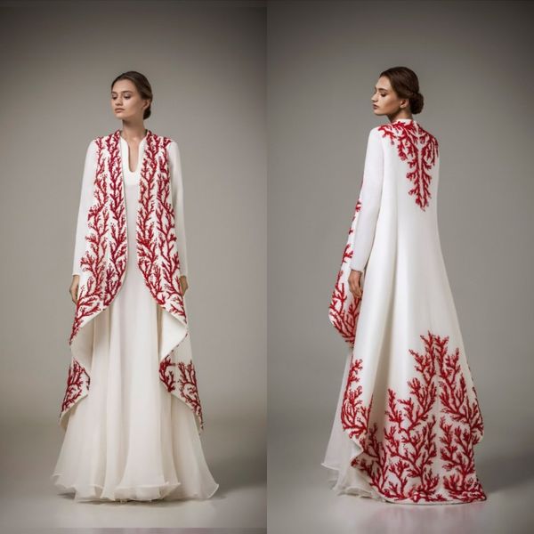 

Elegant 2019 mu lim evening prom dre long leeve a line floor length white chiffon with red embroidery 2 in 1 moroccan kaftan abaya
