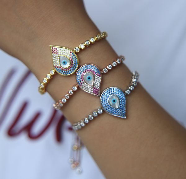 

2018 new design jewelry for women tear drop evil eye tennis bracelet with mother of pearl stone colorful rainbow eye jewelry, Golden;silver