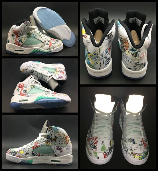 

2018 высокое качество 5 крылья 5s мужская обувь для баскетбола граффити 3 м белый зеленый светится в темноте av2405-900 спортивные кроссовки, White;red