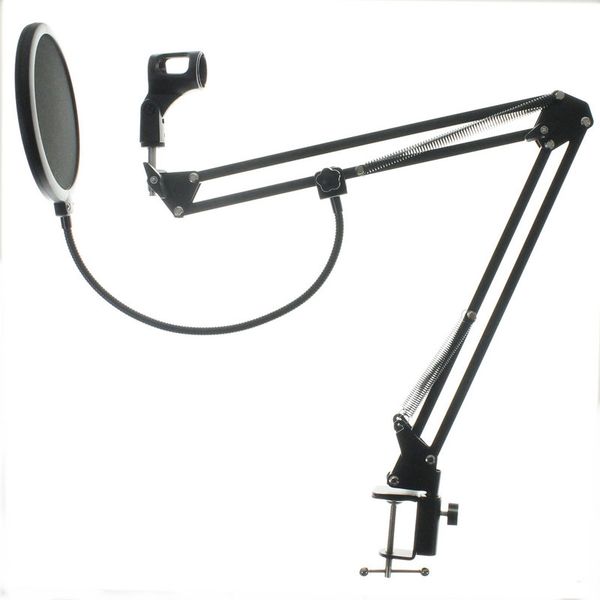 

new nb-35 microphone scissor arm stand with table mounting clamp pop filter windscreen mask shield with stand clip kit black
