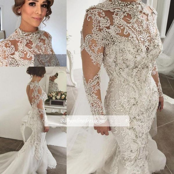 

2018 new luxury mermaid lace wedding dresses gowns illusion long sleeve crystal sheer back sweep train mermaid bridal bc0097, White