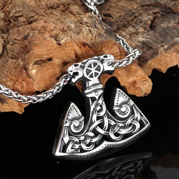

men norse viking wolf stainless steel thor hammer axe talisman mjolnir pendant necklace, Silver