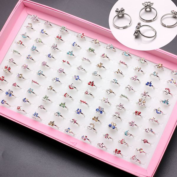 

wholesale mixed 100pcs assorted cartoon crystal adjustable rings kids girls mix styles ring party gift jewelry with display box, Golden;silver