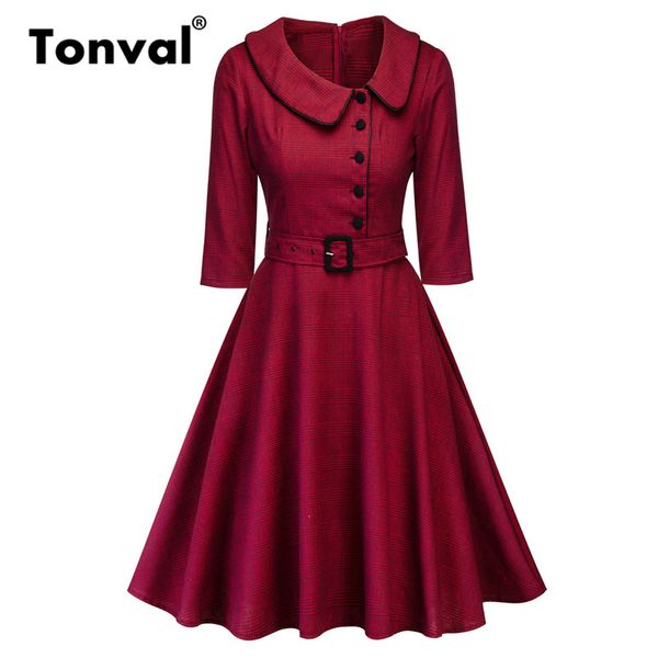 

tonval casual burgundy elegant office lady plaid 3/4 sleeve vintage dress turn-down collar belted women retro winter dresses, Black;gray