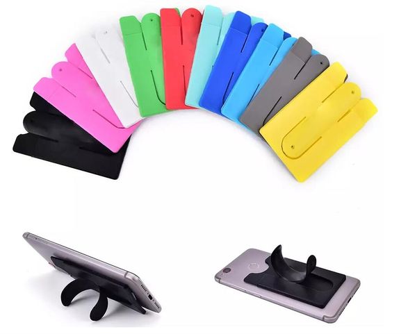 

universal mix color back 3m silicone adhesive stick id credit card holder pocket pouch with phone stand