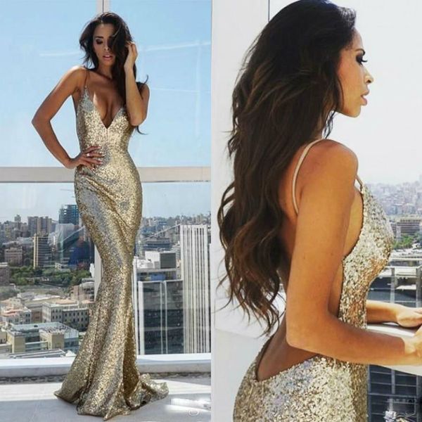 

luxury gold mermaid evening dresses full sequins spaghetti cutaway sides backless prom dress with ruffles sweep train custom made, Black;red