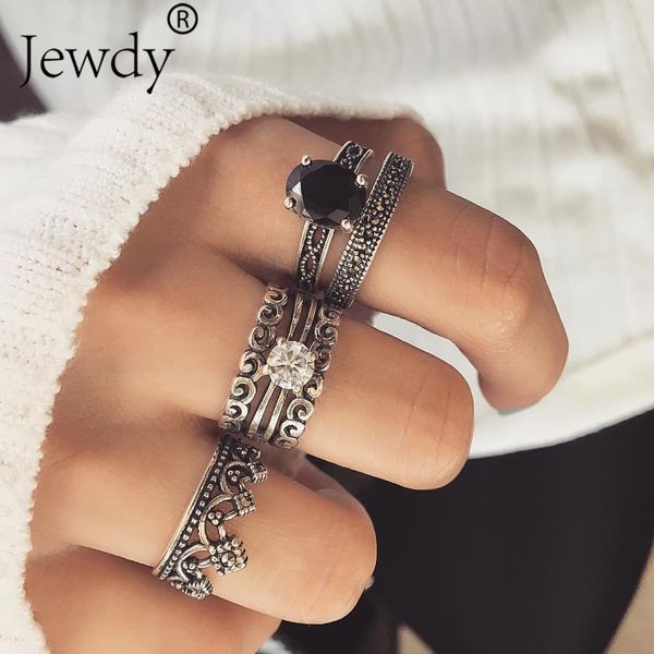 

6pcs/set vintage crown knuckle midi ring set for women fashion anel aneis bague femme crystal silver finger rings boho jewelry, Golden;silver