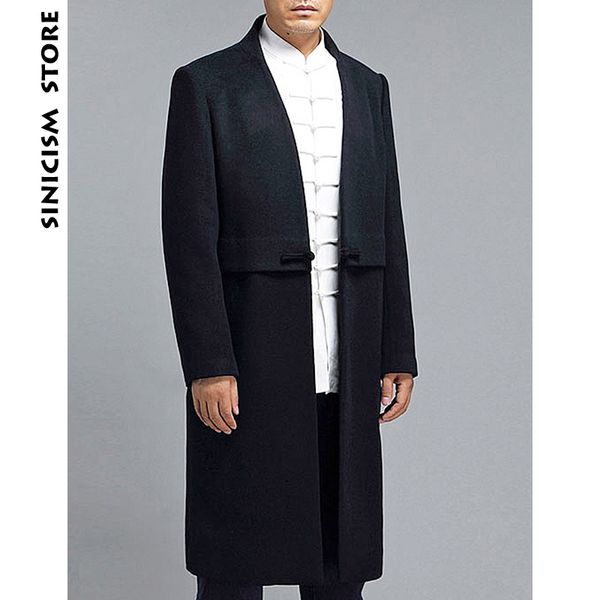 

sinicism store wool trench coat men 2018 mens solid black long winter coat men chinese style autumn windbreaker overcoat top, Tan;black
