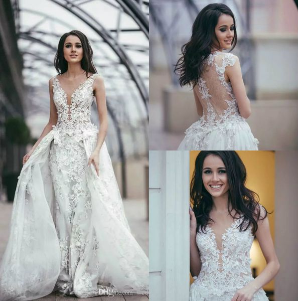 

modest a line lace wedding dresses with overskirts appliques sheer plunging neck plus size bridal gowns sweep train vestido de novia, White