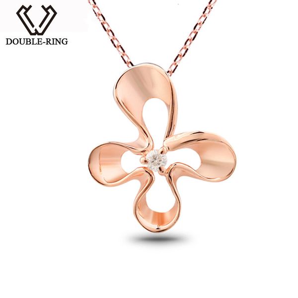 

double-r 925 sterling silver flower necklaces pendants women 0.03ct diamond pendant romantic outside 18k rose gold brand jewelry