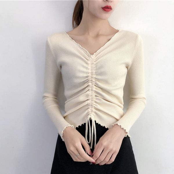 

autumn women sweater pullover knitted 2018 new fashion winter ladies v-neck elasticity slim jumper sweaters regular, White;black